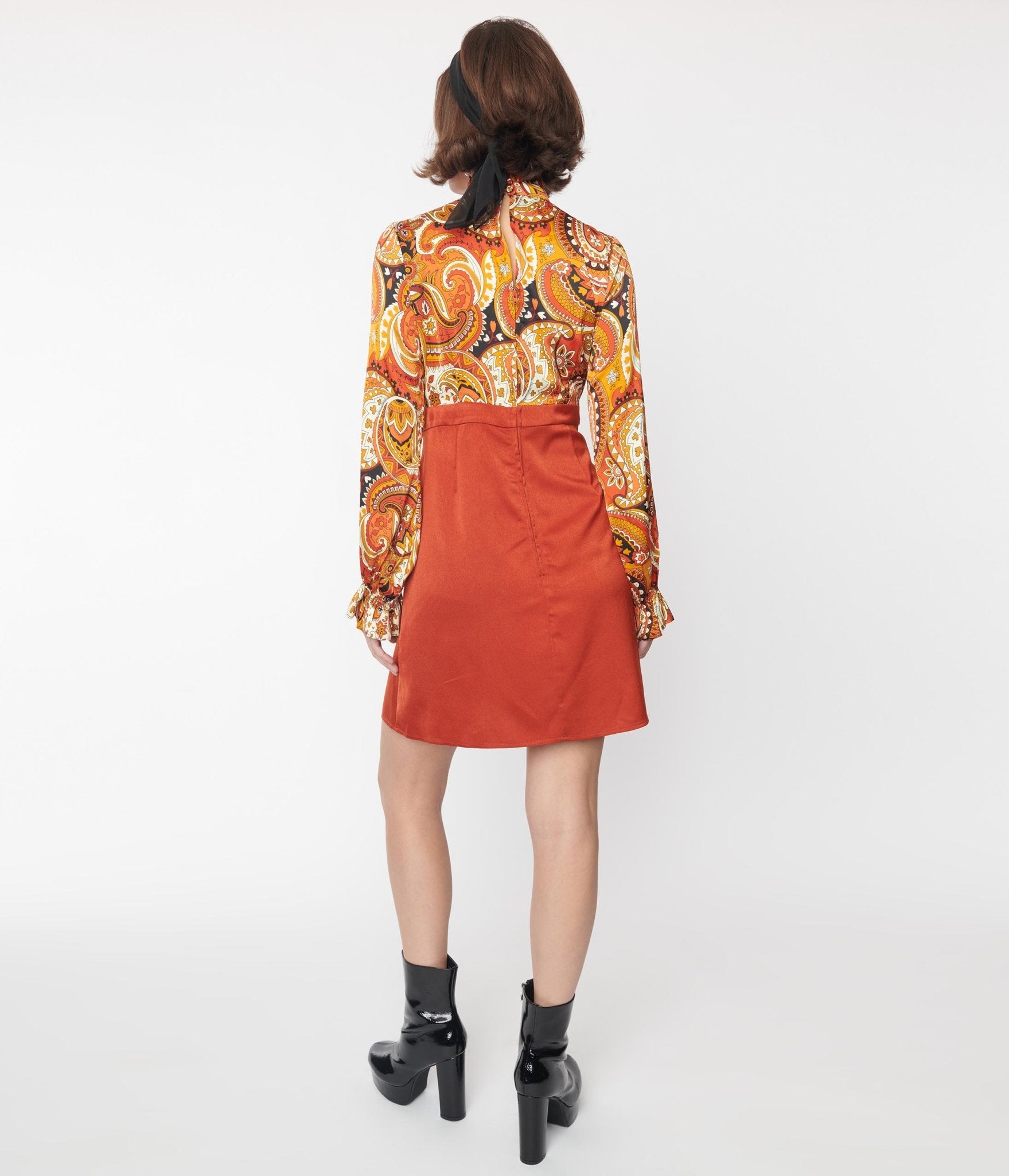 Smak Parlour Brick Red & Orange Paisley Ruffle Neck Empire A-Line Dress - Unique Vintage - Womens, DRESSES, A-LINE
