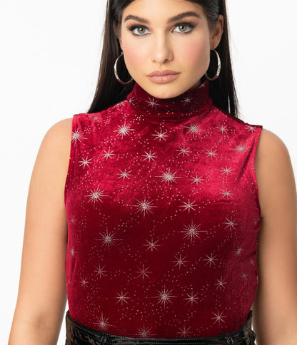 Smak Parlour Burgundy Velvet & Silver Star Sparkle Corporate Lingo Top - Unique Vintage - Womens, TOPS, KNIT TOPS