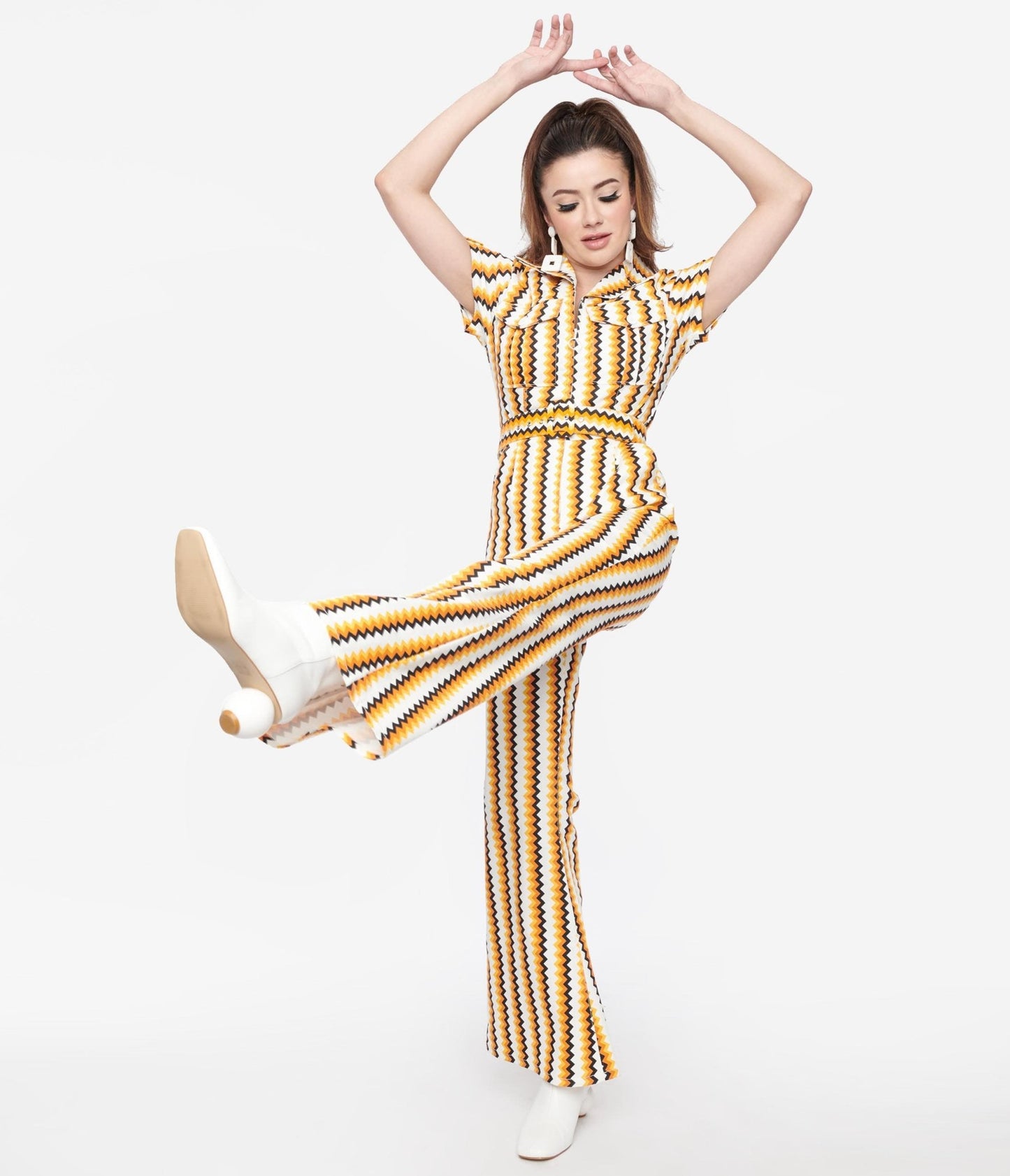 Smak Parlour Candy Corn Zig Zag Stripe Flare Jumpsuit - Unique Vintage - Womens, HALLOWEEN, BOTTOMS