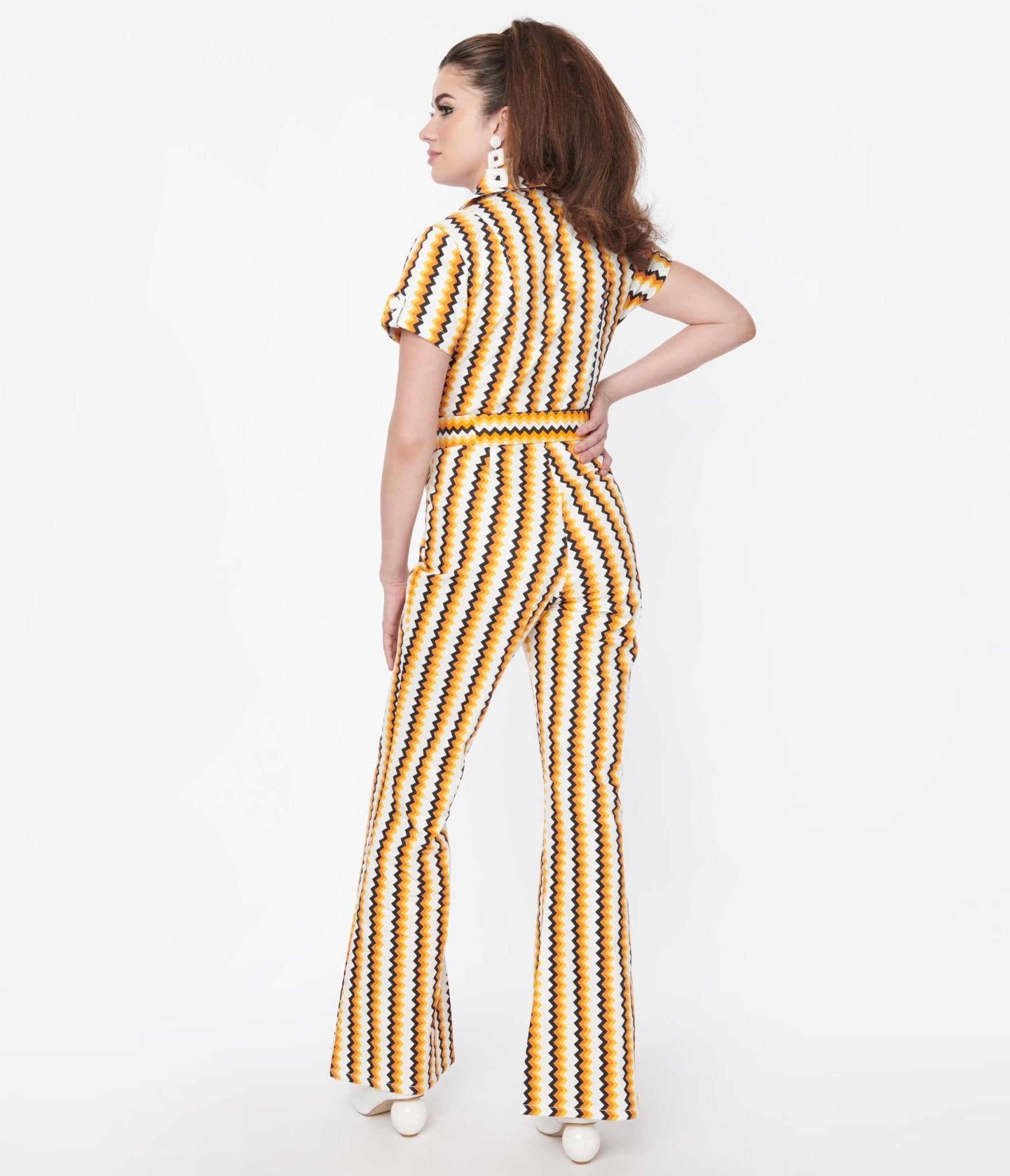 Smak Parlour Candy Corn Zig Zag Stripe Flare Jumpsuit - Unique Vintage - Womens, HALLOWEEN, BOTTOMS