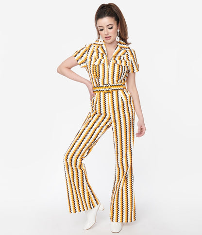 Smak Parlour Candy Corn Zig Zag Stripe Flare Jumpsuit - Unique Vintage - Womens, HALLOWEEN, BOTTOMS