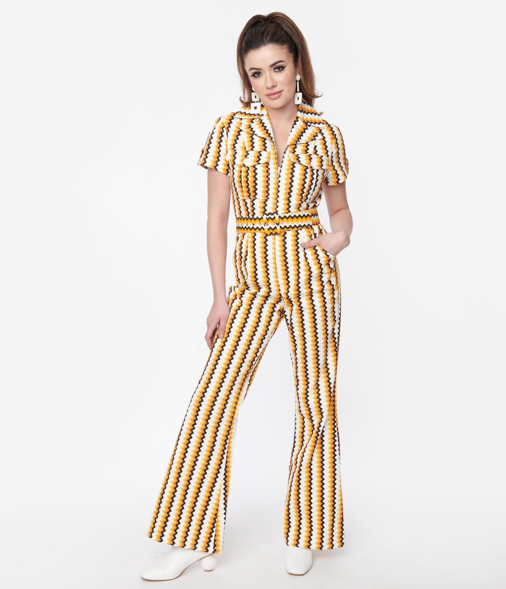 Smak Parlour Candy Corn Zig Zag Stripe Flare Jumpsuit - Unique Vintage - Womens, HALLOWEEN, BOTTOMS