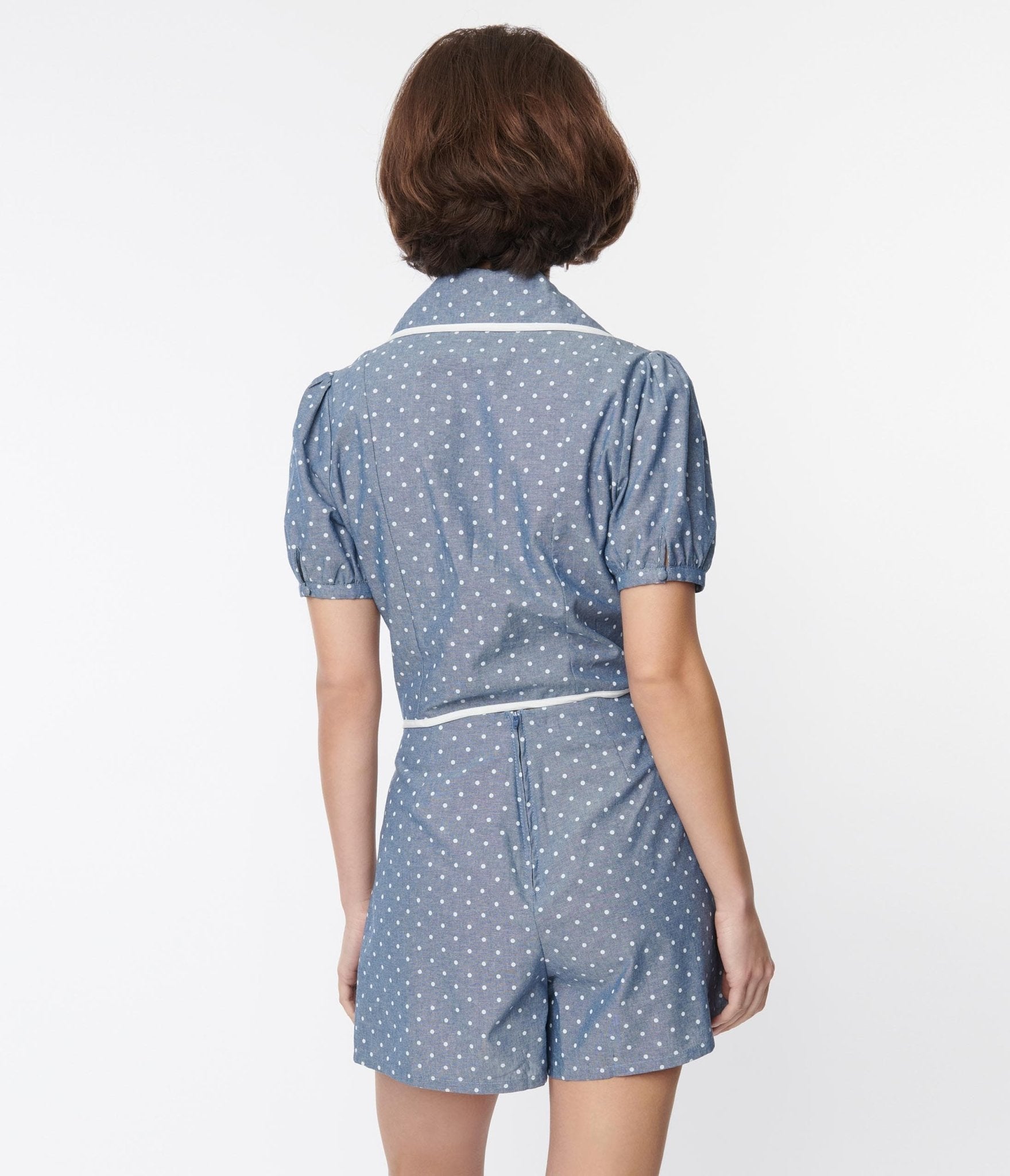 Smak Parlour Chambray & White Polka Dot Cropped Blouse - Unique Vintage - Womens, TOPS, WOVEN TOPS
