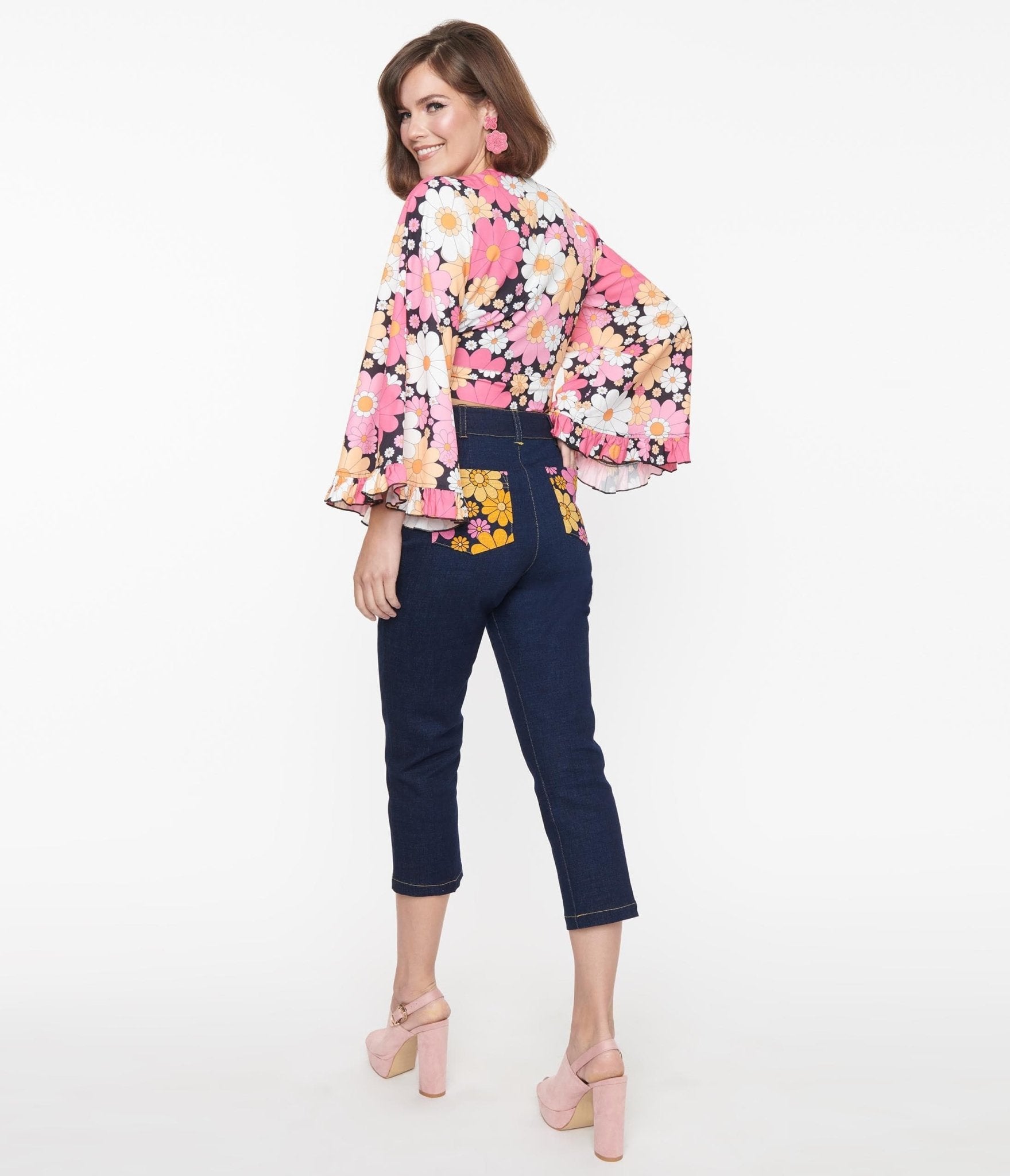 Smak Parlour Dark Blue & Floral Pockets Denim Capris - Unique Vintage - Womens, BOTTOMS, CAPRI
