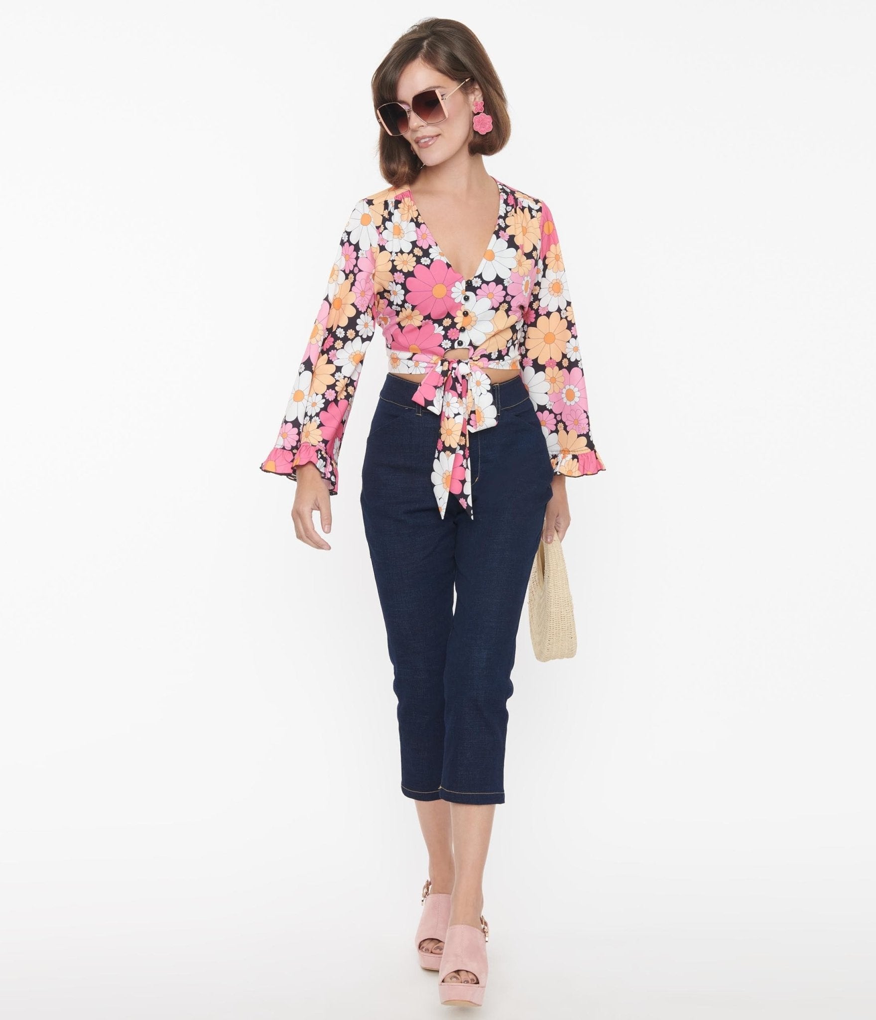 Smak Parlour Dark Blue & Floral Pockets Denim Capris - Unique Vintage - Womens, BOTTOMS, CAPRI
