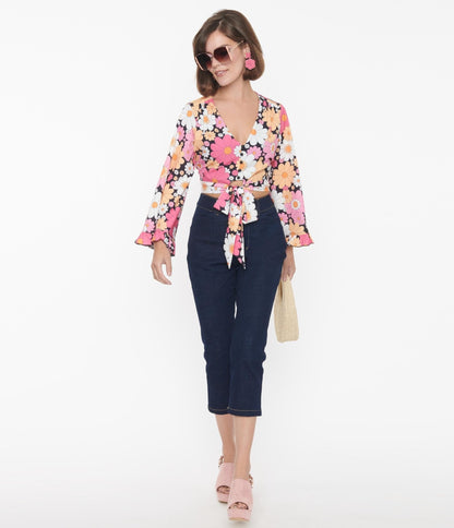 Smak Parlour Dark Blue & Floral Pockets Denim Capris - Unique Vintage - Womens, BOTTOMS, CAPRI