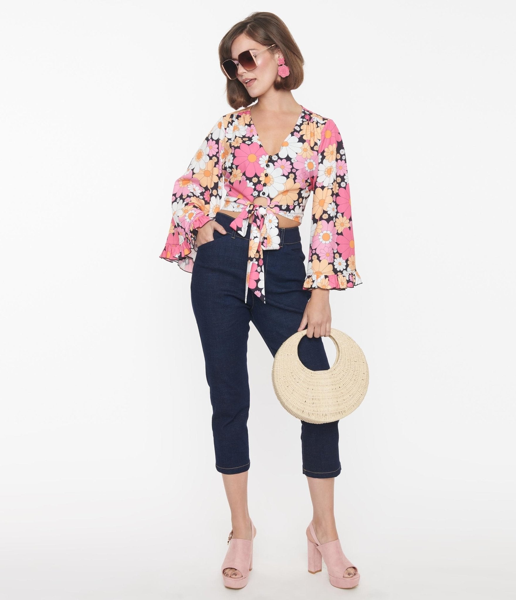 Smak Parlour Dark Blue & Floral Pockets Denim Capris - Unique Vintage - Womens, BOTTOMS, CAPRI