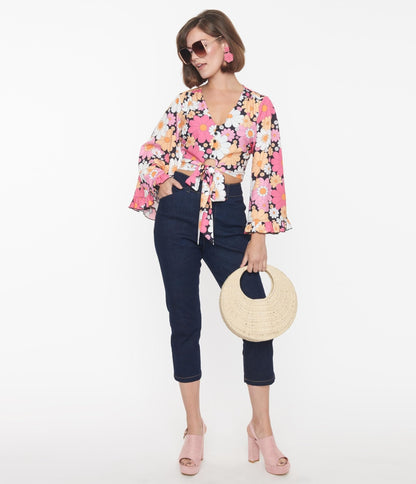 Smak Parlour Dark Blue & Floral Pockets Denim Capris - Unique Vintage - Womens, BOTTOMS, CAPRI