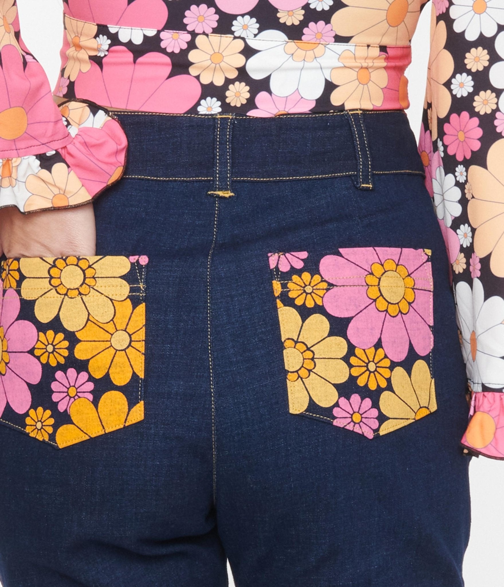 Smak Parlour Dark Blue & Floral Pockets Denim Capris - Unique Vintage - Womens, BOTTOMS, CAPRI