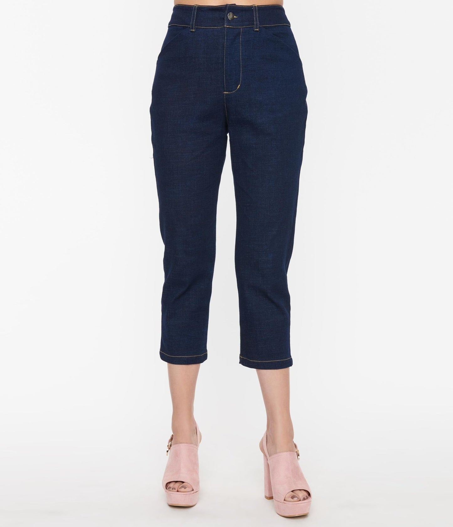 Smak Parlour Dark Blue & Floral Pockets Denim Capris - Unique Vintage - Womens, BOTTOMS, CAPRI