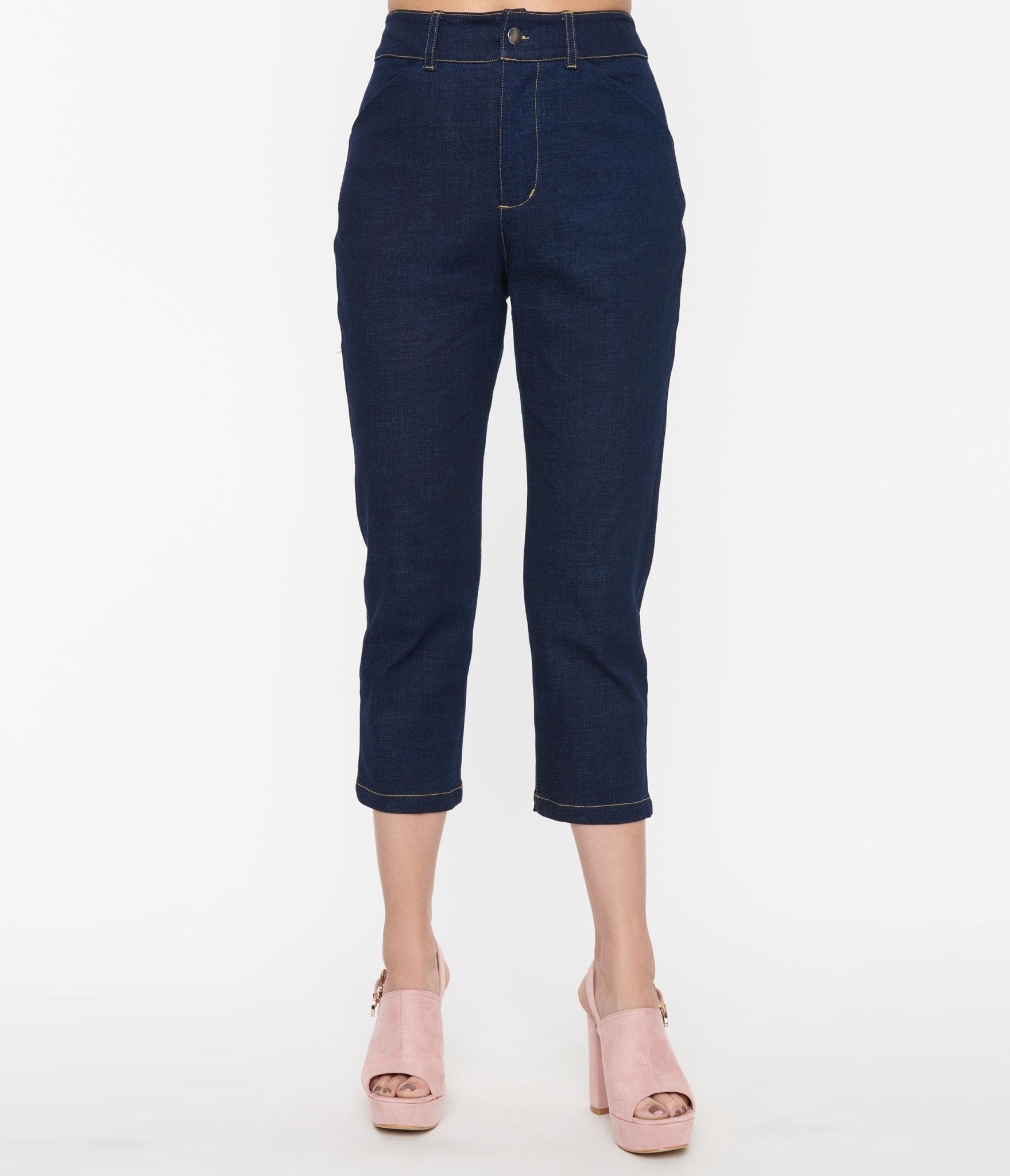 Smak Parlour Dark Blue & Floral Pockets Denim Capris - Unique Vintage - Womens, BOTTOMS, CAPRI