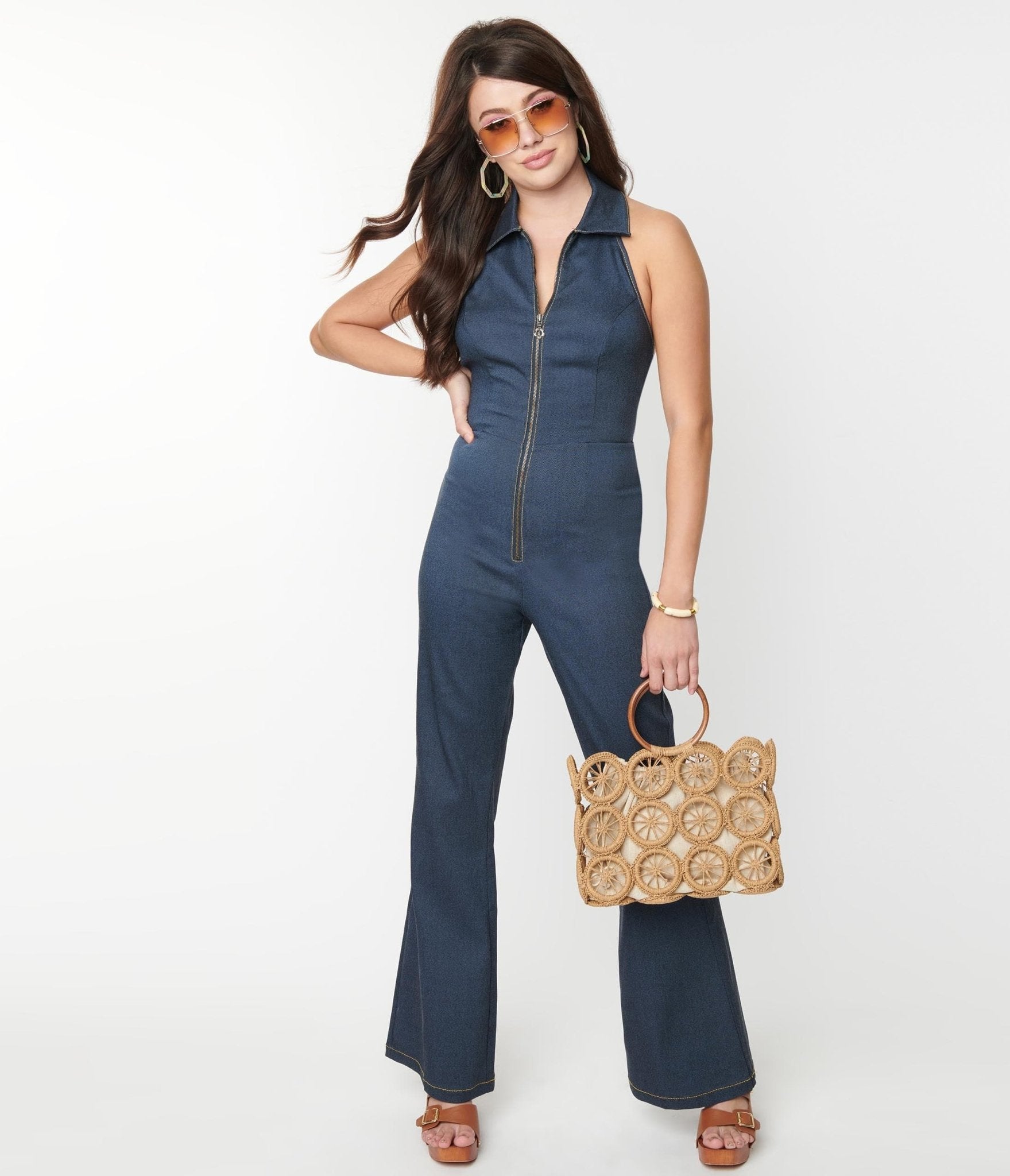 Smak Parlour Denim Bengaline Front Zipper Halter Jumpsuit - Unique Vintage - Womens, BOTTOMS, ROMPERS AND JUMPSUITS