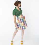 Retro & Vintage Smak Parlour Green & Rainbow Gingham Mini Shirt Dress ...
