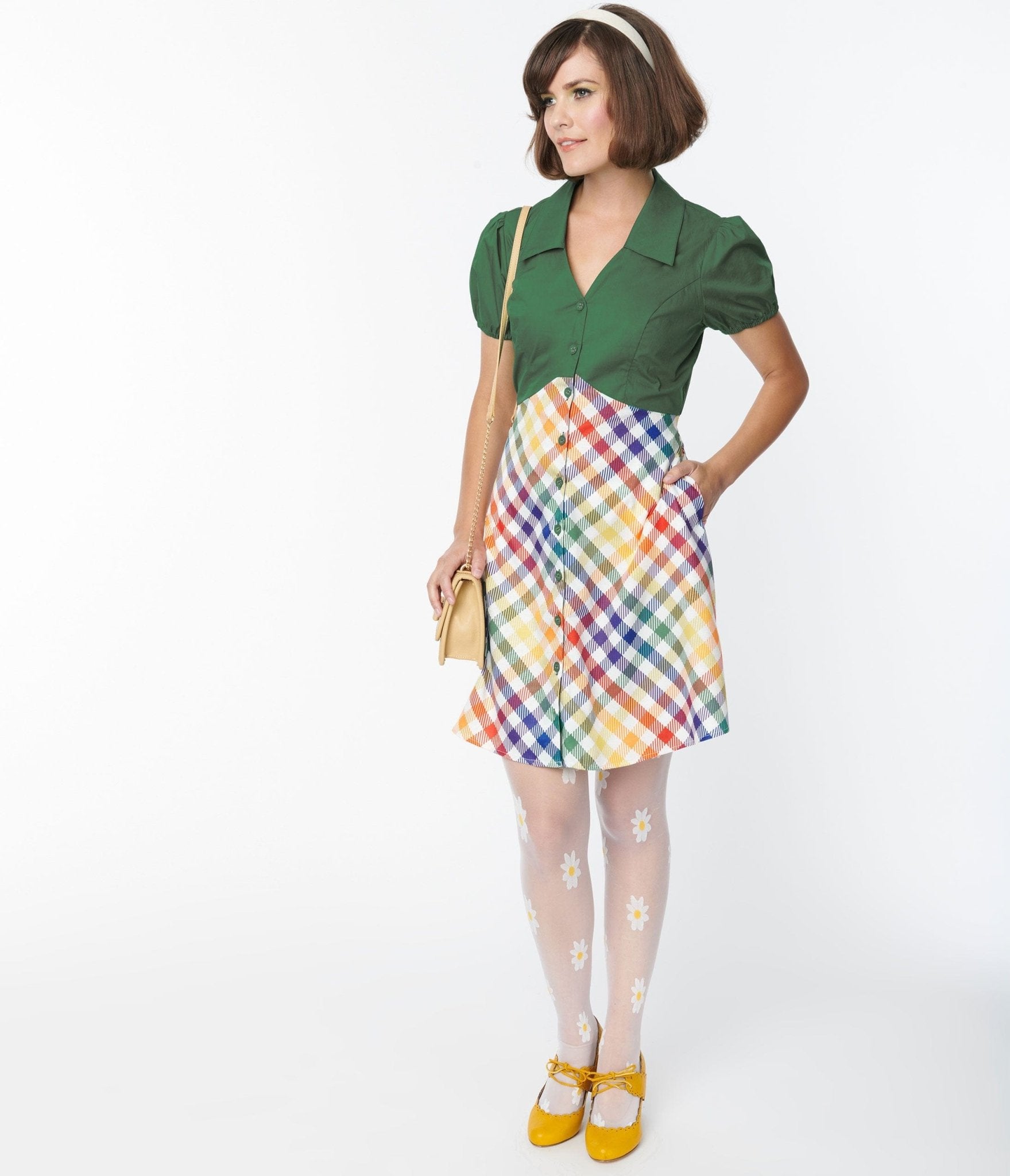 Smak Parlour Green & Rainbow Gingham Mini Shirt Dress - Unique Vintage - Womens, DRESSES, FIT AND FLARE