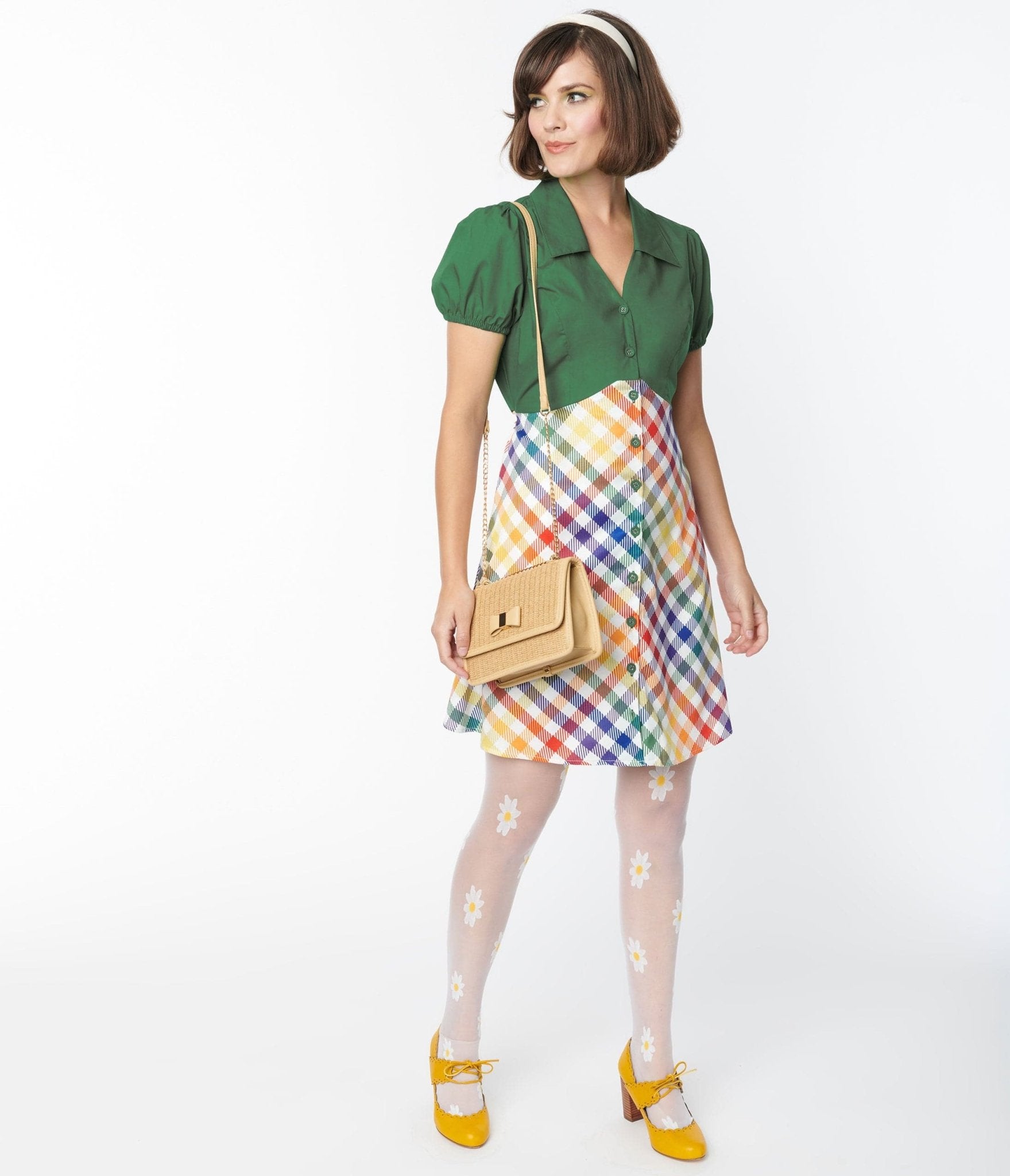 Smak Parlour Green & Rainbow Gingham Mini Shirt Dress - Unique Vintage - Womens, DRESSES, FIT AND FLARE
