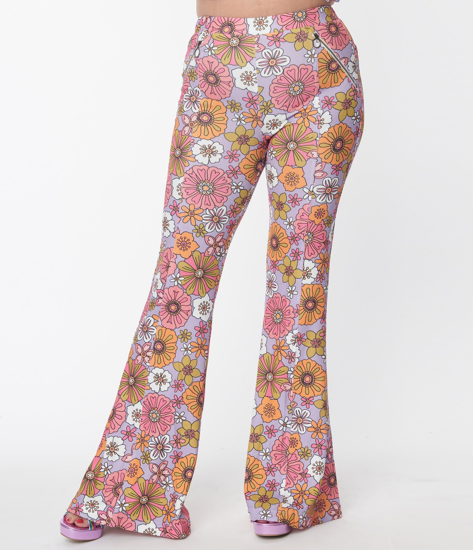 Smak Parlour Lavender Retro Bloom Zipper Pocket Flare Pants - Unique Vintage - Womens, BOTTOMS, PANTS