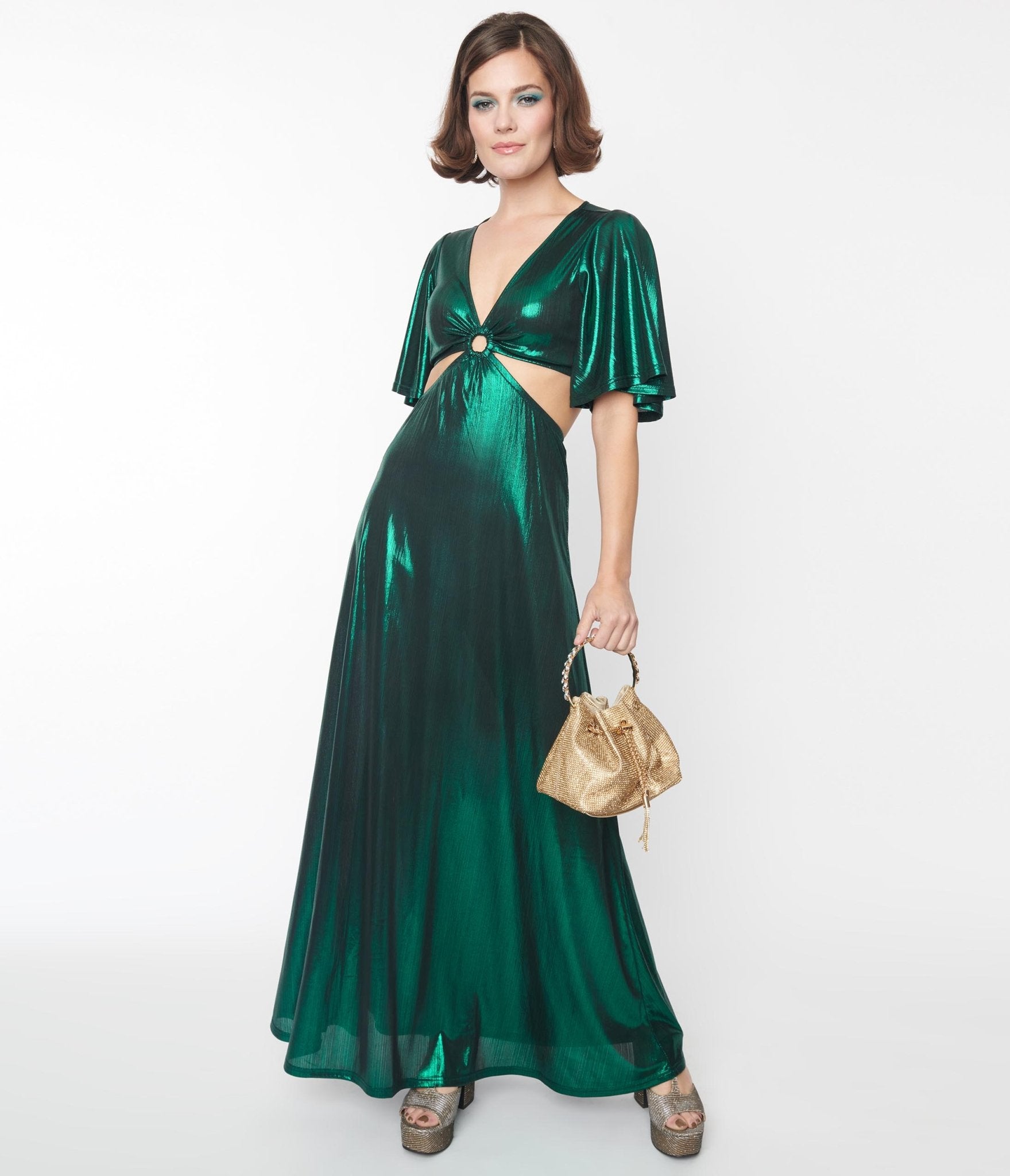 Smak Parlour Metallic Emerald Green Knit Maxi Dress Unique Vintage