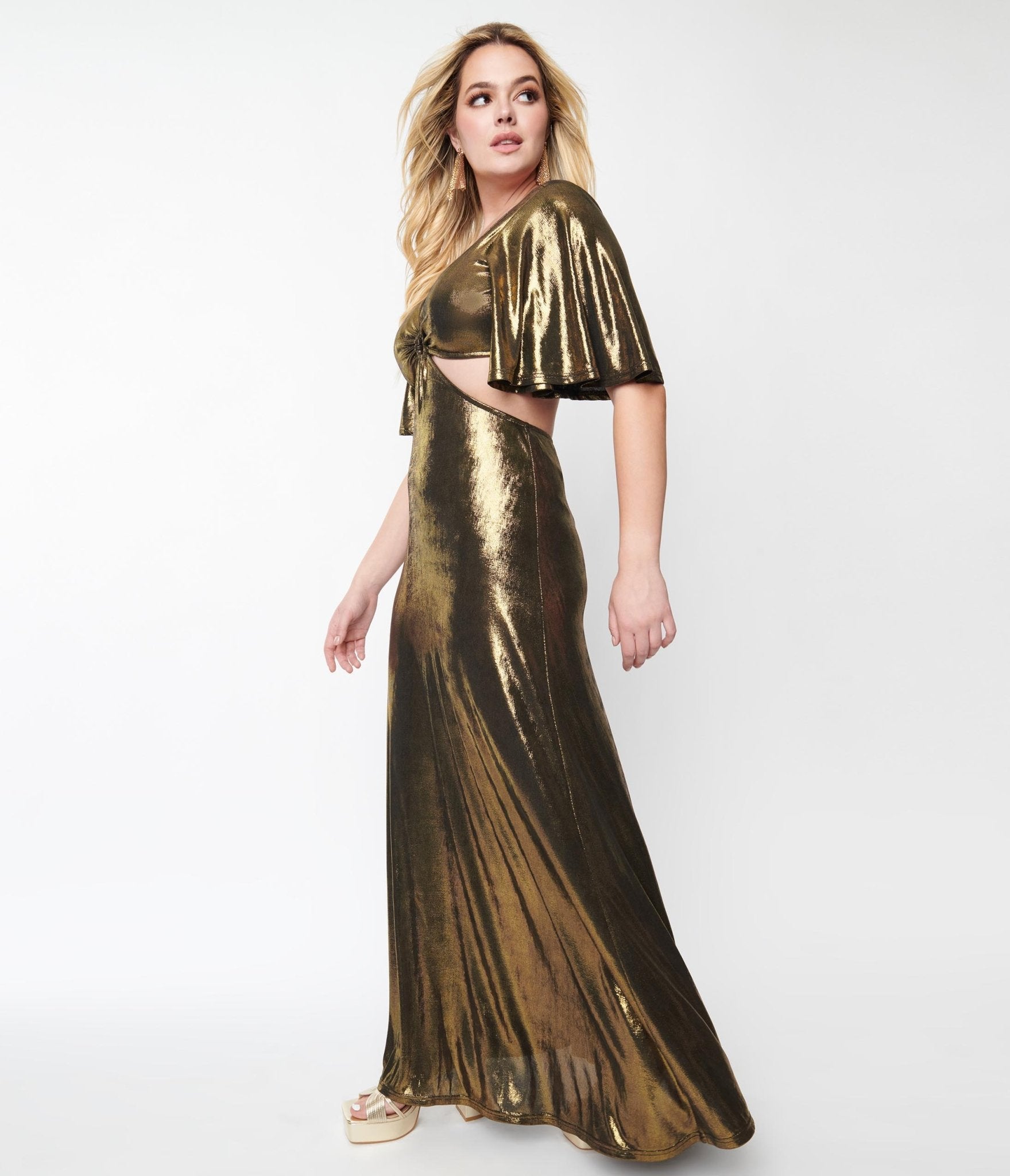 Smak Parlour Metallic Gold Knit Maxi Dress - Unique Vintage - Womens, DRESSES, MAXI
