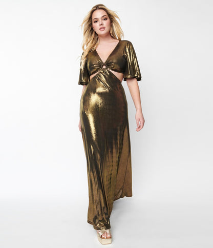 Smak Parlour Metallic Gold Knit Maxi Dress - Unique Vintage - Womens, DRESSES, MAXI