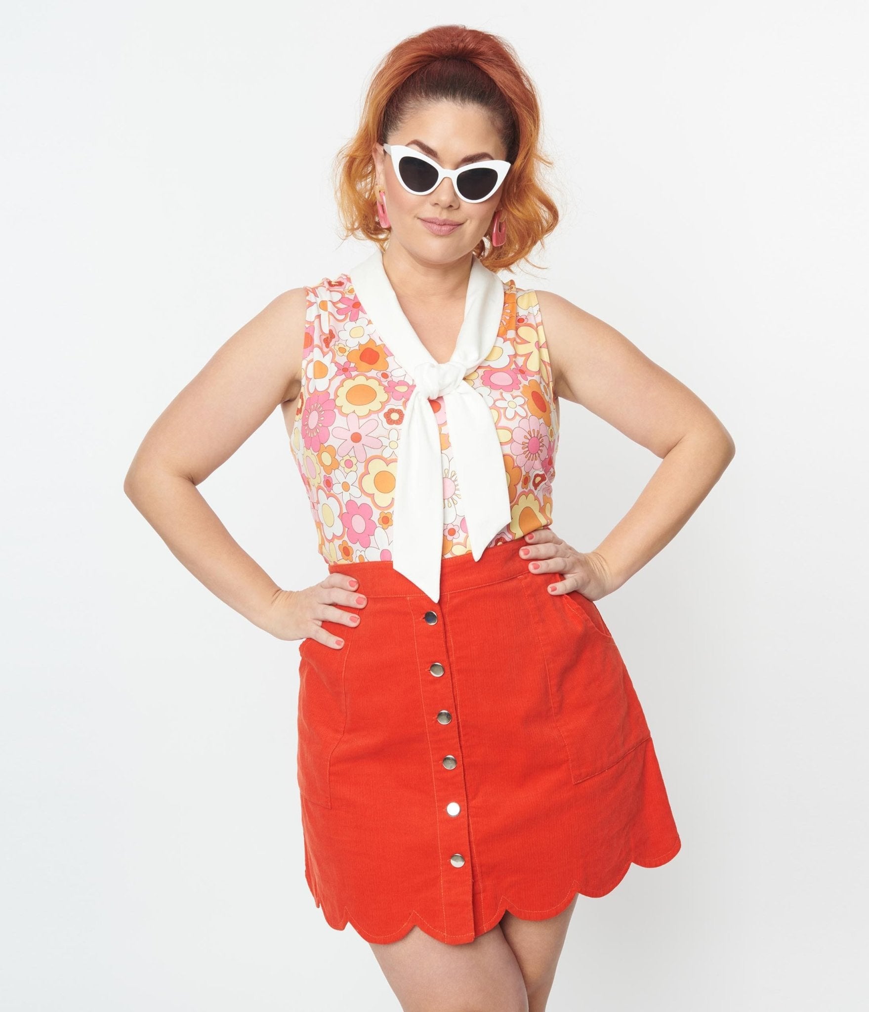 Smak Parlour Mod Floral & White Neck Tie Top - Unique Vintage - Womens, TOPS, KNIT TOPS