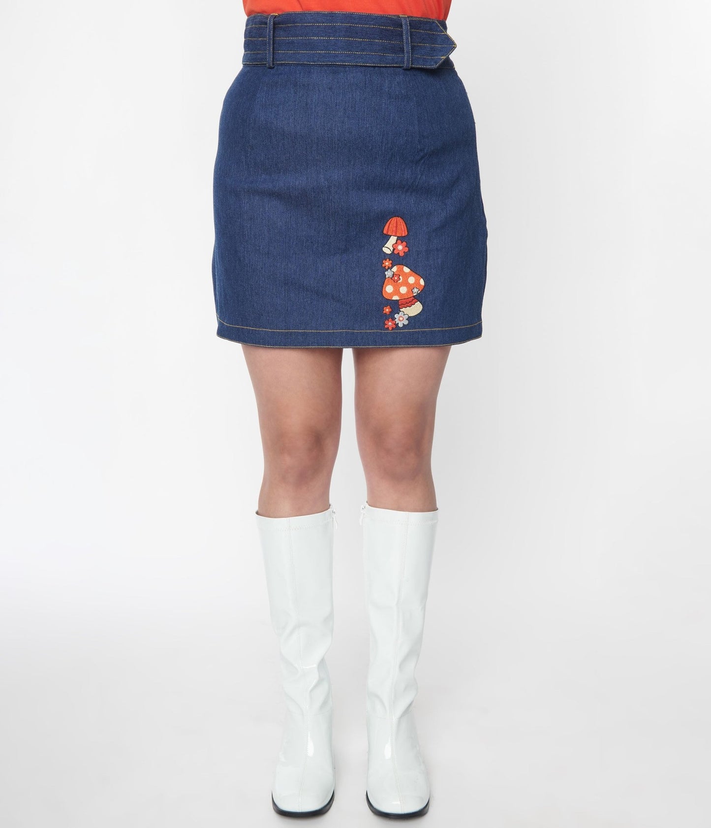 Smak Parlour Mushroom Embroidered Denim Belted Mini Skirt - Unique Vintage - Womens, BOTTOMS, SKIRTS