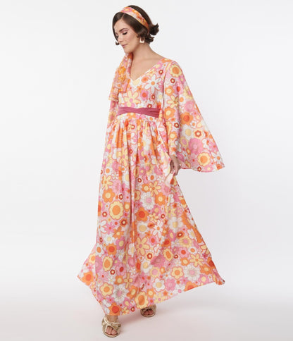 Smak Parlour Orange & Pink Mod Bloom Belted Caftan - Unique Vintage - Womens, DRESSES, CAFTAN