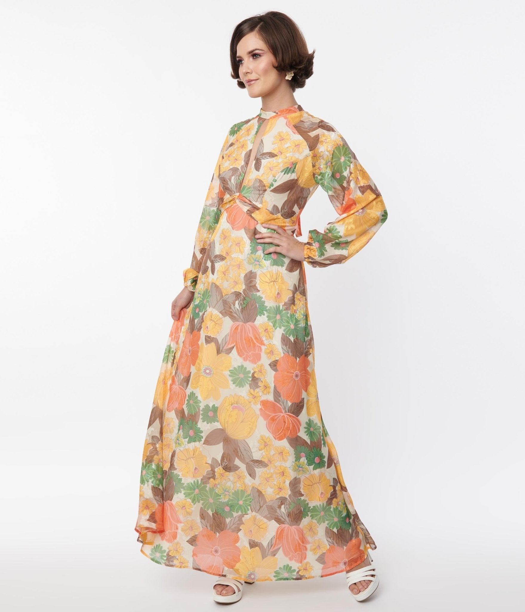 Smak Parlour Orange & Yellow Floral Empire Maxi - Unique Vintage - Womens, DRESSES, SWING