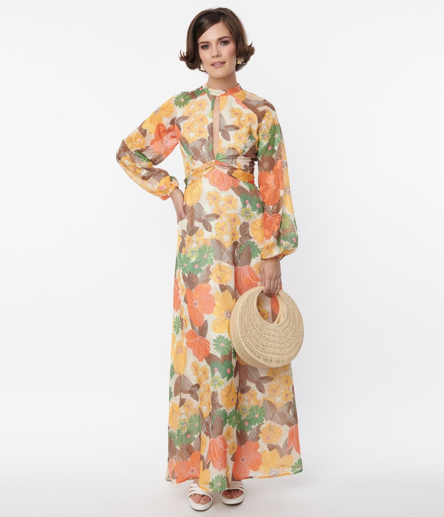 Smak Parlour Orange & Yellow Floral Empire Maxi - Unique Vintage - Womens, DRESSES, SWING