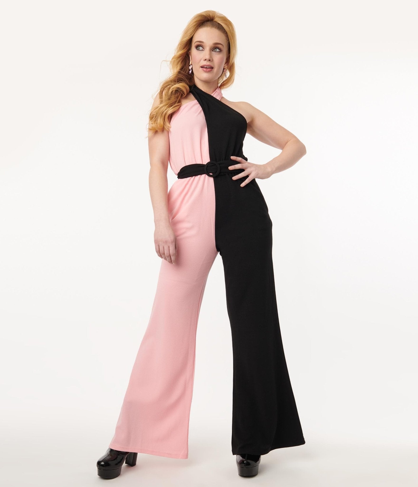 Smak Parlour 1970s Pink Black Colorblock Draped Darling Jumpsuit Unique Vintage