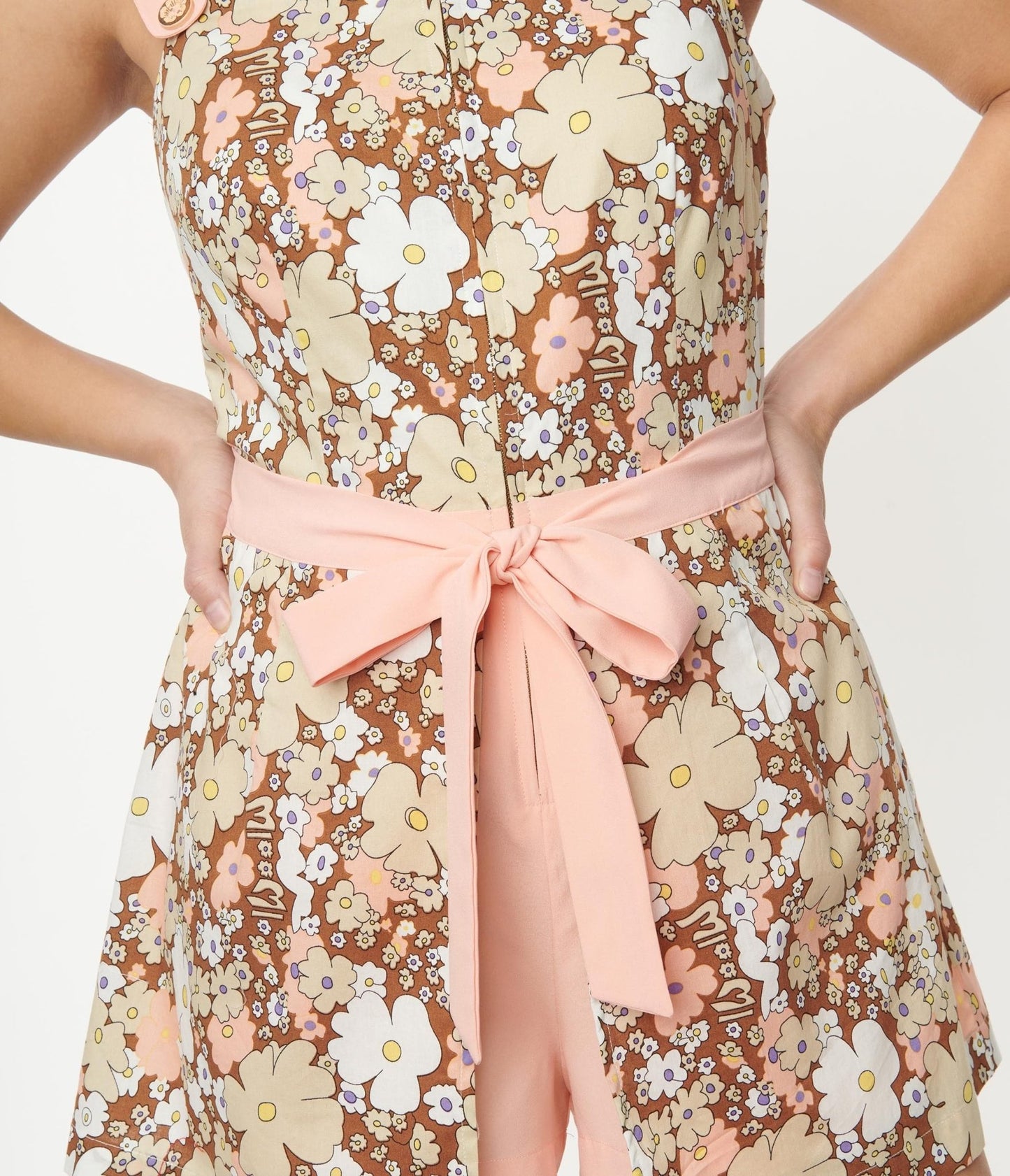 Smak Parlour Pink & Brown Floral Sweet & Sassy Skirted Romper - Unique Vintage - Womens, BOTTOMS, ROMPERS AND JUMPSUITS