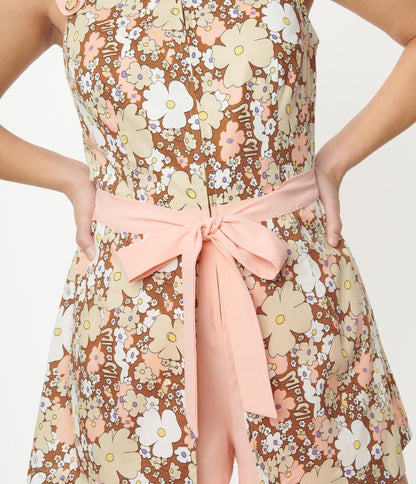 Smak Parlour Pink & Brown Floral Sweet & Sassy Skirted Romper - Unique Vintage - Womens, BOTTOMS, ROMPERS AND JUMPSUITS