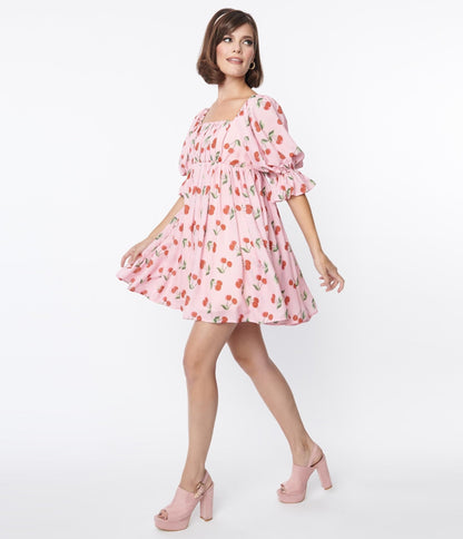 Smak Parlour Pink & Cherries Love Interest Babydoll Dress - Unique Vintage - Womens, DRESSES, BABYDOLL