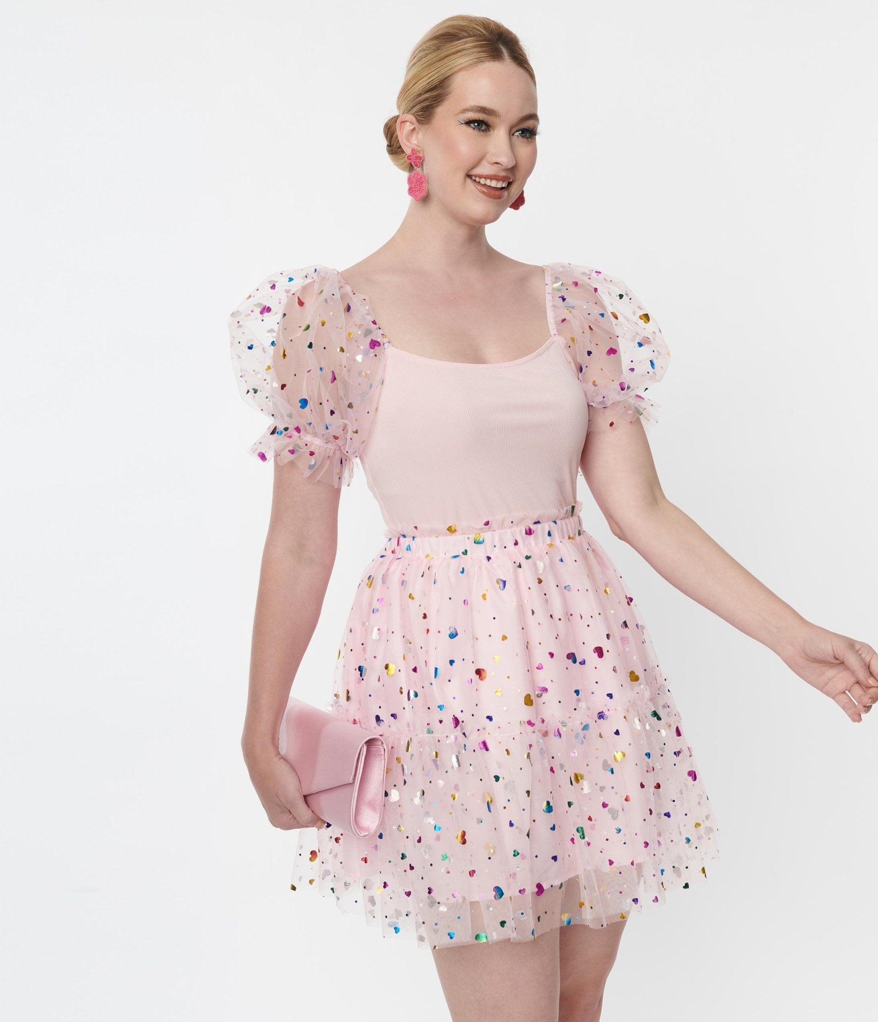 Smak Parlour Pink Confetti Heart Tulle Mini Skirt - Unique Vintage - Womens, BOTTOMS, SKIRTS
