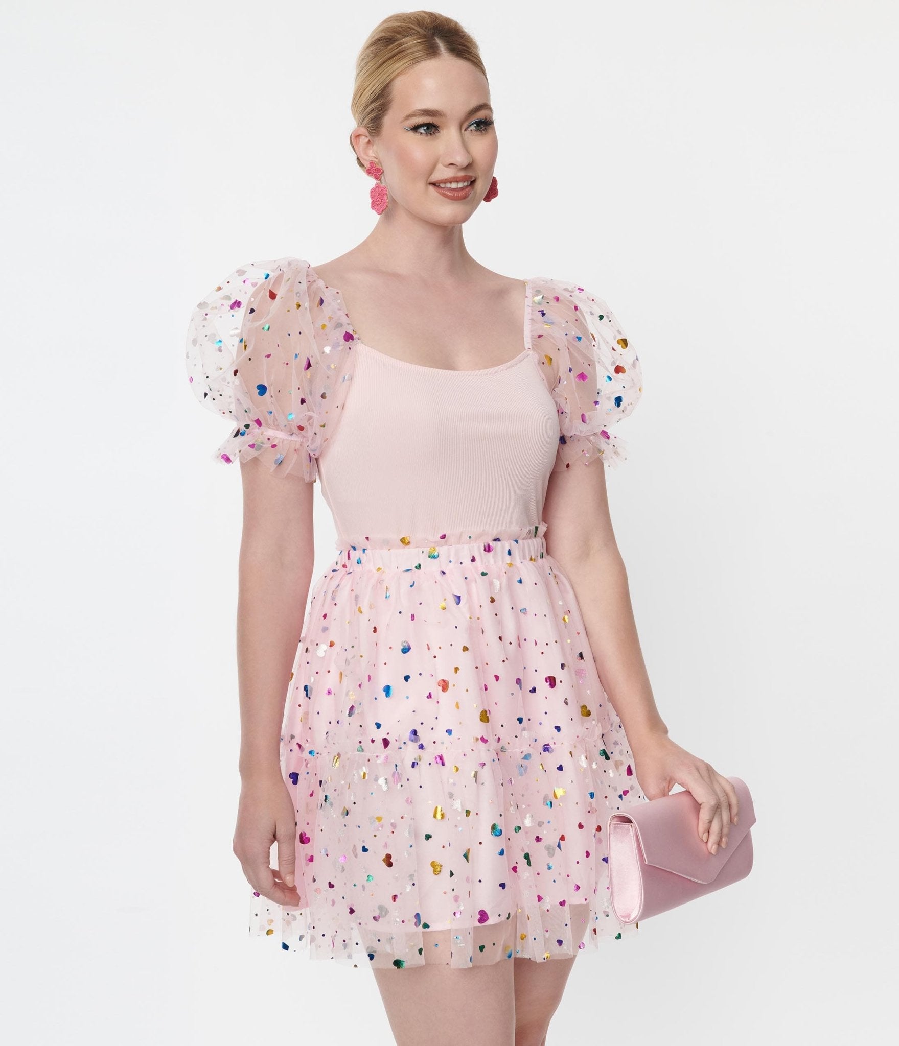 Smak Parlour Pink Confetti Heart Tulle Mini Skirt - Unique Vintage - Womens, BOTTOMS, SKIRTS