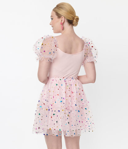 Smak Parlour Pink Confetti Heart Tulle Mini Skirt - Unique Vintage - Womens, BOTTOMS, SKIRTS