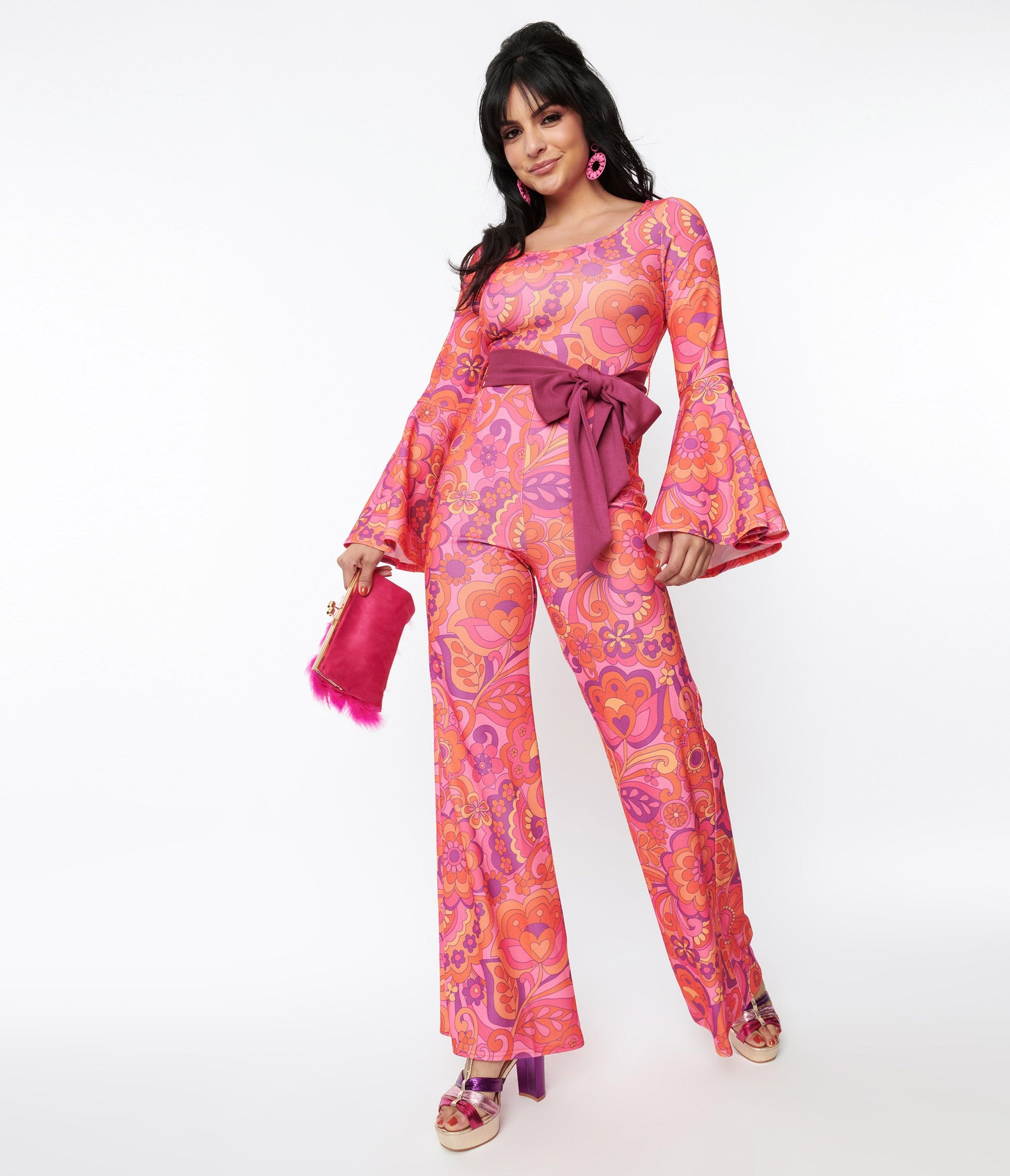 Smak Parlour Pink Mod Floral Bell Sleeve Jumpsuit - Unique Vintage - Womens, BOTTOMS, ROMPERS AND JUMPSUITS