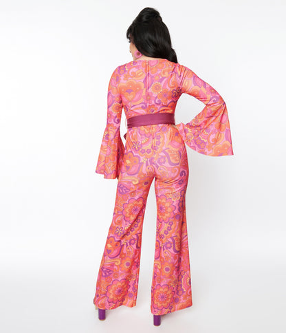 Smak Parlour Pink Mod Floral Bell Sleeve Jumpsuit - Unique Vintage - Womens, BOTTOMS, ROMPERS AND JUMPSUITS