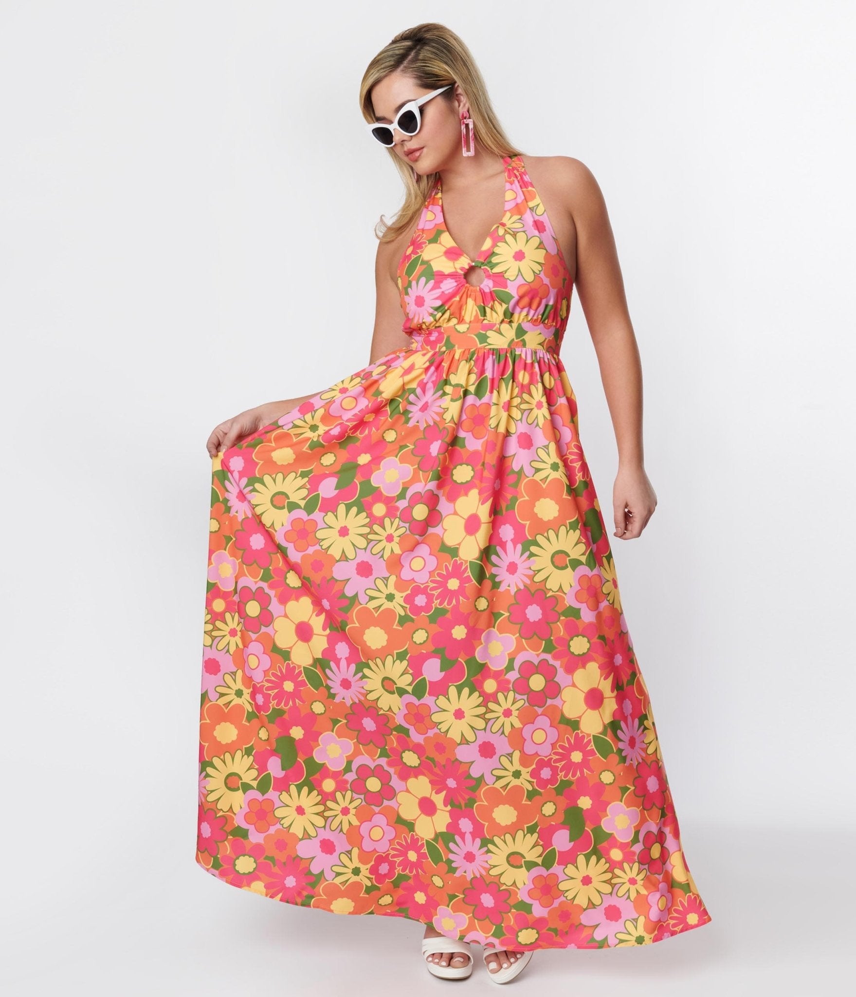 Smak Parlour Pink & Orange Floral Halter Maxi Dress - Unique Vintage - Womens, DRESSES, MAXI
