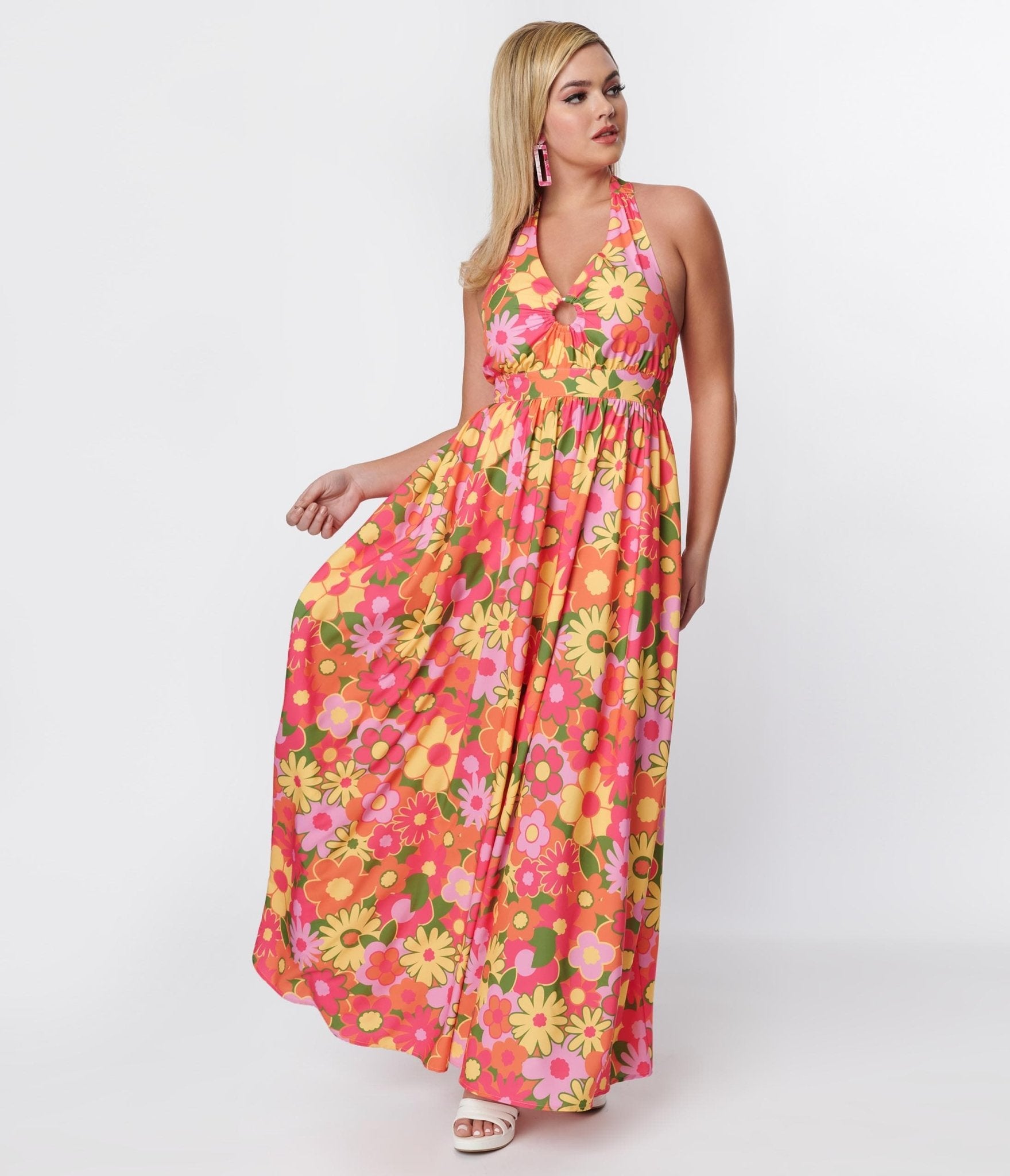 Smak Parlour Pink & Orange Floral Halter Maxi Dress - Unique Vintage - Womens, DRESSES, MAXI