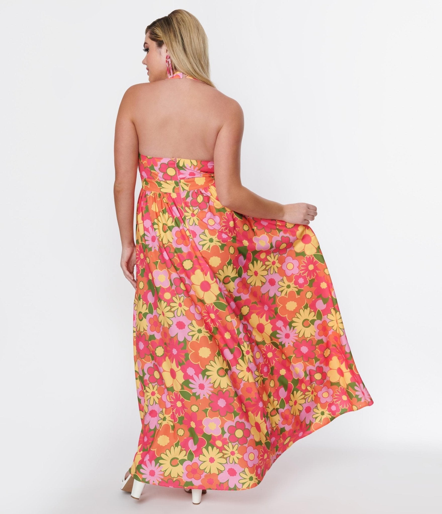 Smak Parlour Pink & Orange Floral Halter Maxi Dress - Unique Vintage - Womens, DRESSES, MAXI