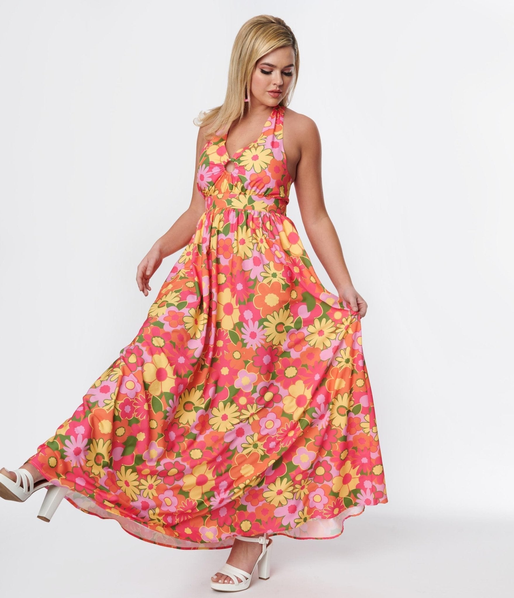 Smak Parlour Pink & Orange Floral Halter Maxi Dress - Unique Vintage - Womens, DRESSES, MAXI