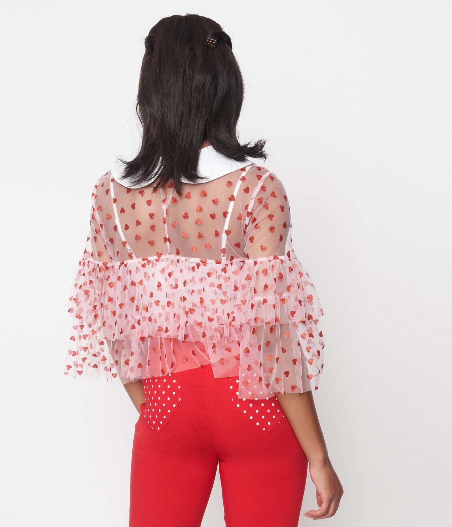 Smak Parlour Pink & Red Glitter Hearts Mesh Ruffle Top - Unique Vintage - Womens, TOPS, WOVEN TOPS