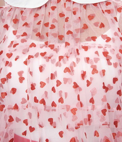 Smak Parlour Pink & Red Glitter Hearts Mesh Ruffle Top - Unique Vintage - Womens, TOPS, WOVEN TOPS