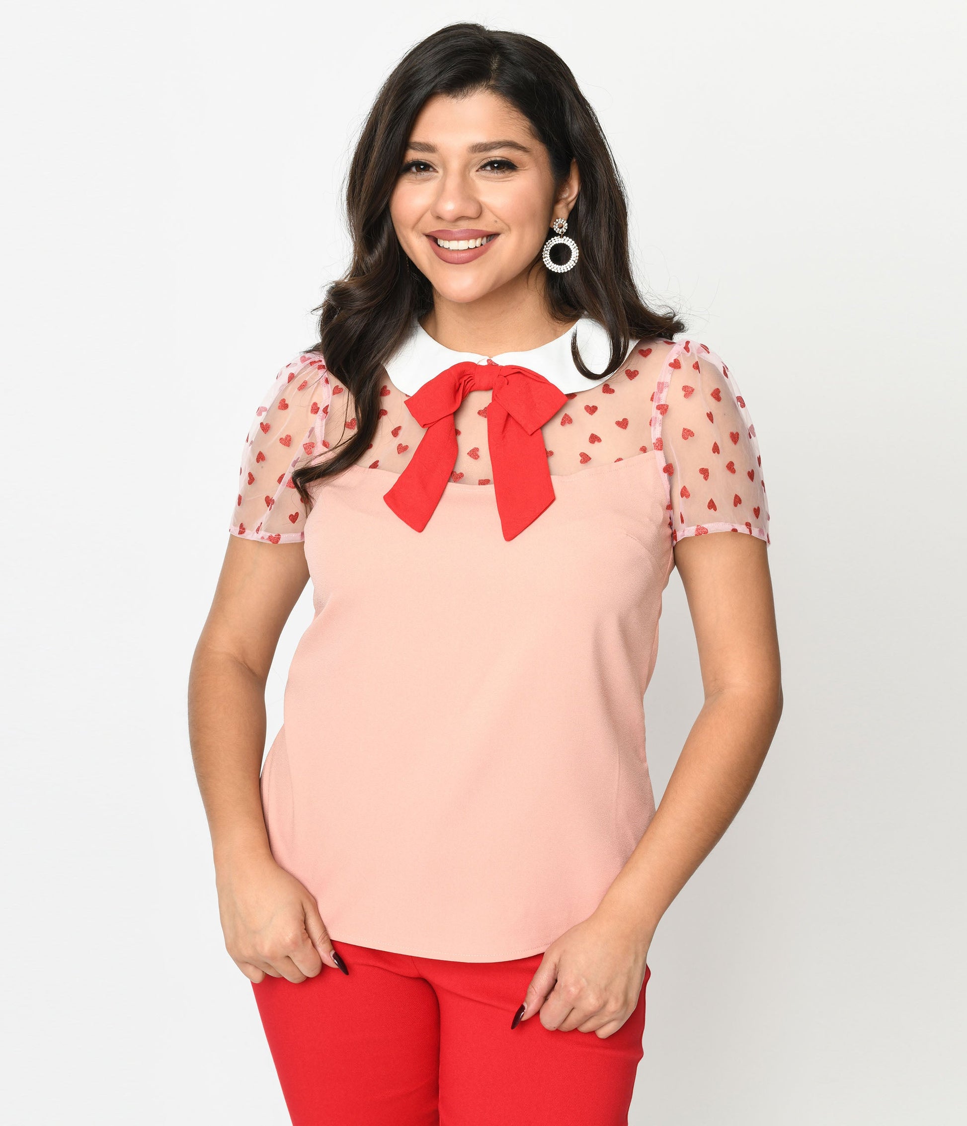 Smak Parlour Pink & Red Hearts Collared Bow Blouse - Unique Vintage - Womens, TOPS, WOVEN TOPS