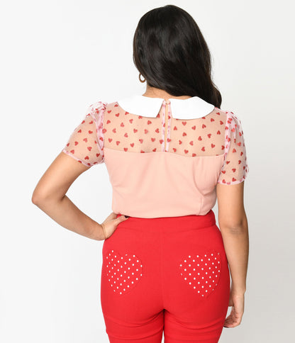 Smak Parlour Pink & Red Hearts Collared Bow Blouse - Unique Vintage - Womens, TOPS, WOVEN TOPS