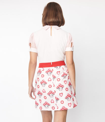 Smak Parlour Pink & Red Madam Mushroom Mod Skirt - Unique Vintage - Womens, BOTTOMS, SKIRTS