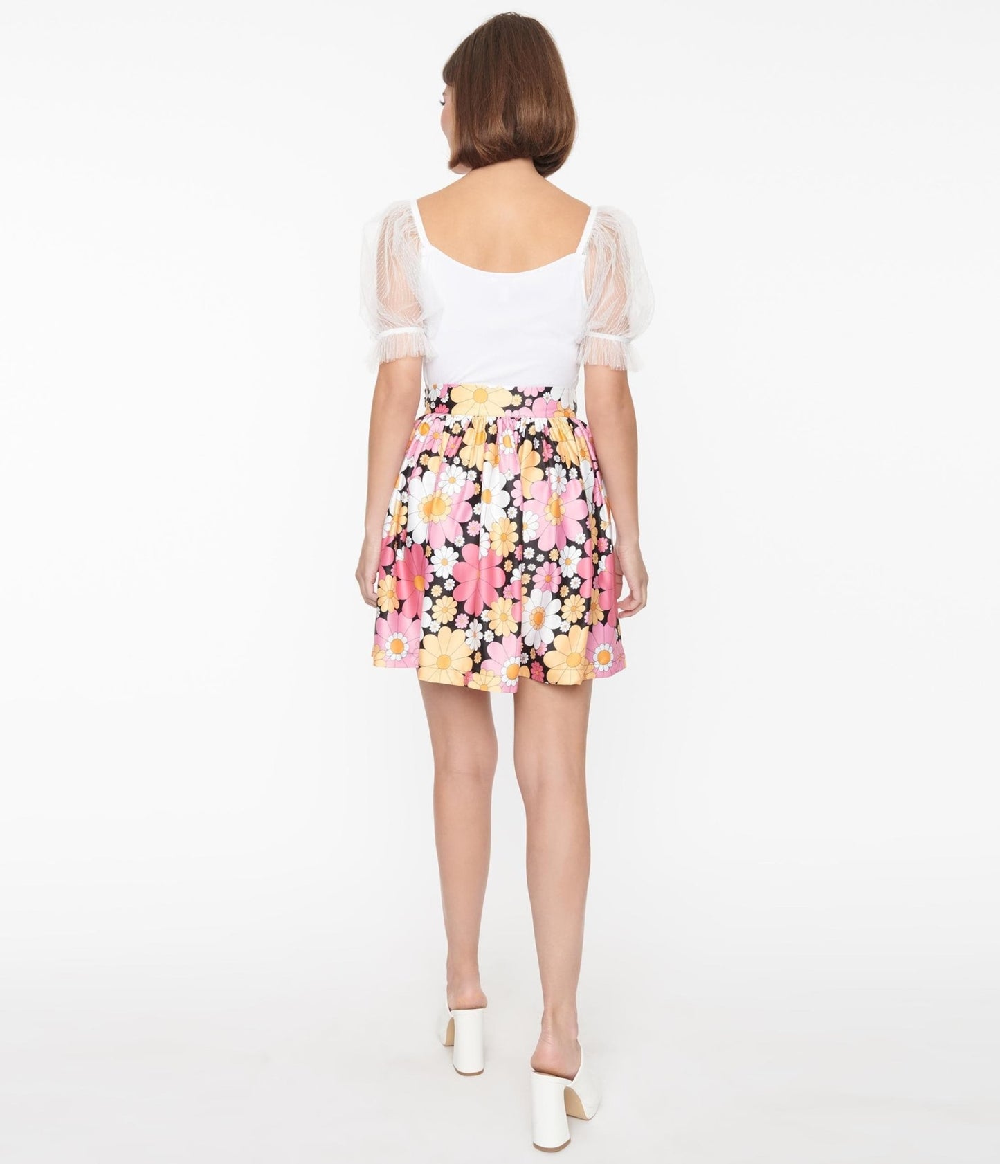 Smak Parlour Pink & White Floral Gathered Mini Skirt - Unique Vintage - Womens, BOTTOMS, SKIRTS