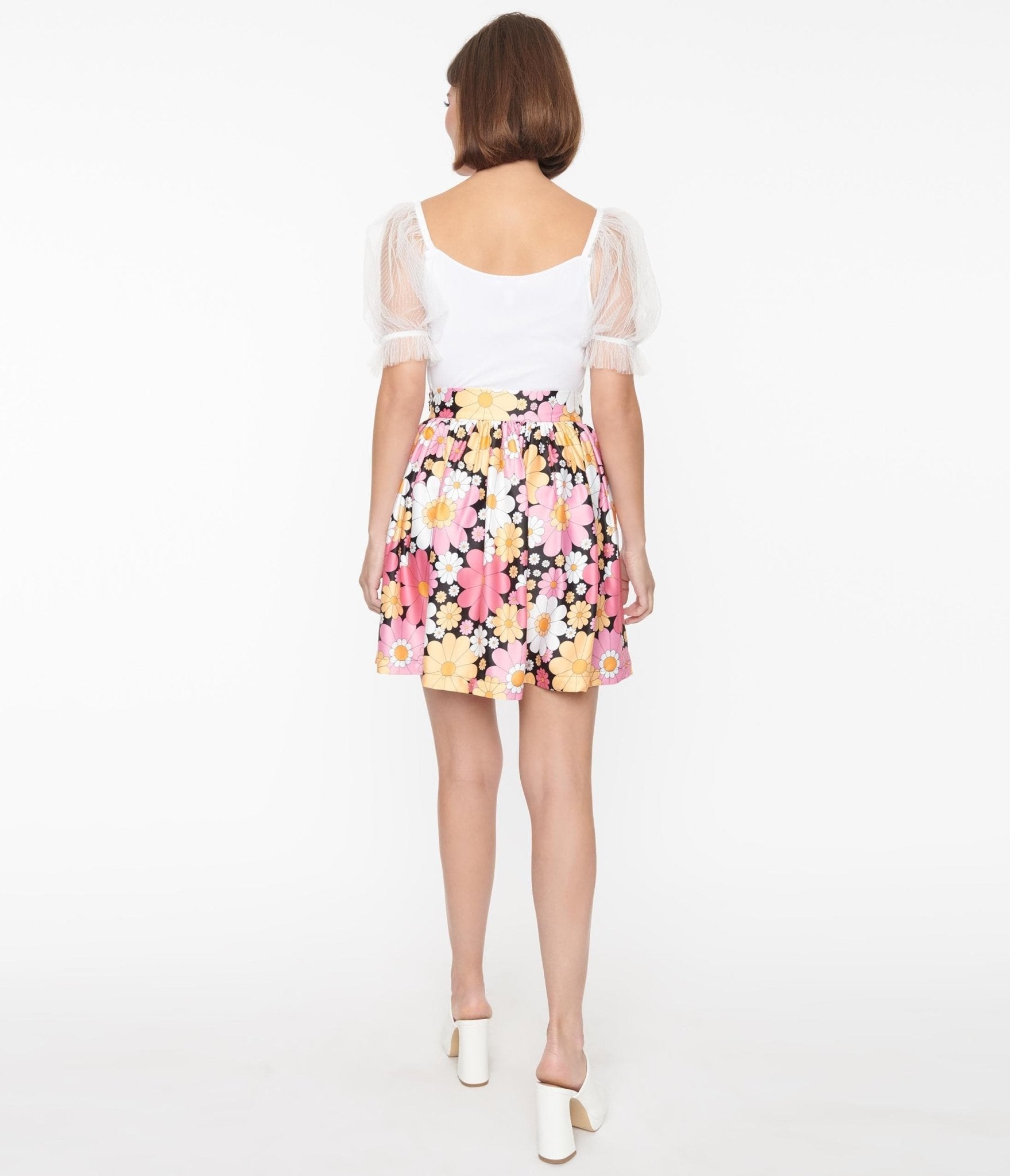 Smak Parlour Pink & White Floral Gathered Mini Skirt - Unique Vintage - Womens, BOTTOMS, SKIRTS