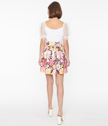 Smak Parlour Pink & White Floral Gathered Mini Skirt - Unique Vintage - Womens, BOTTOMS, SKIRTS