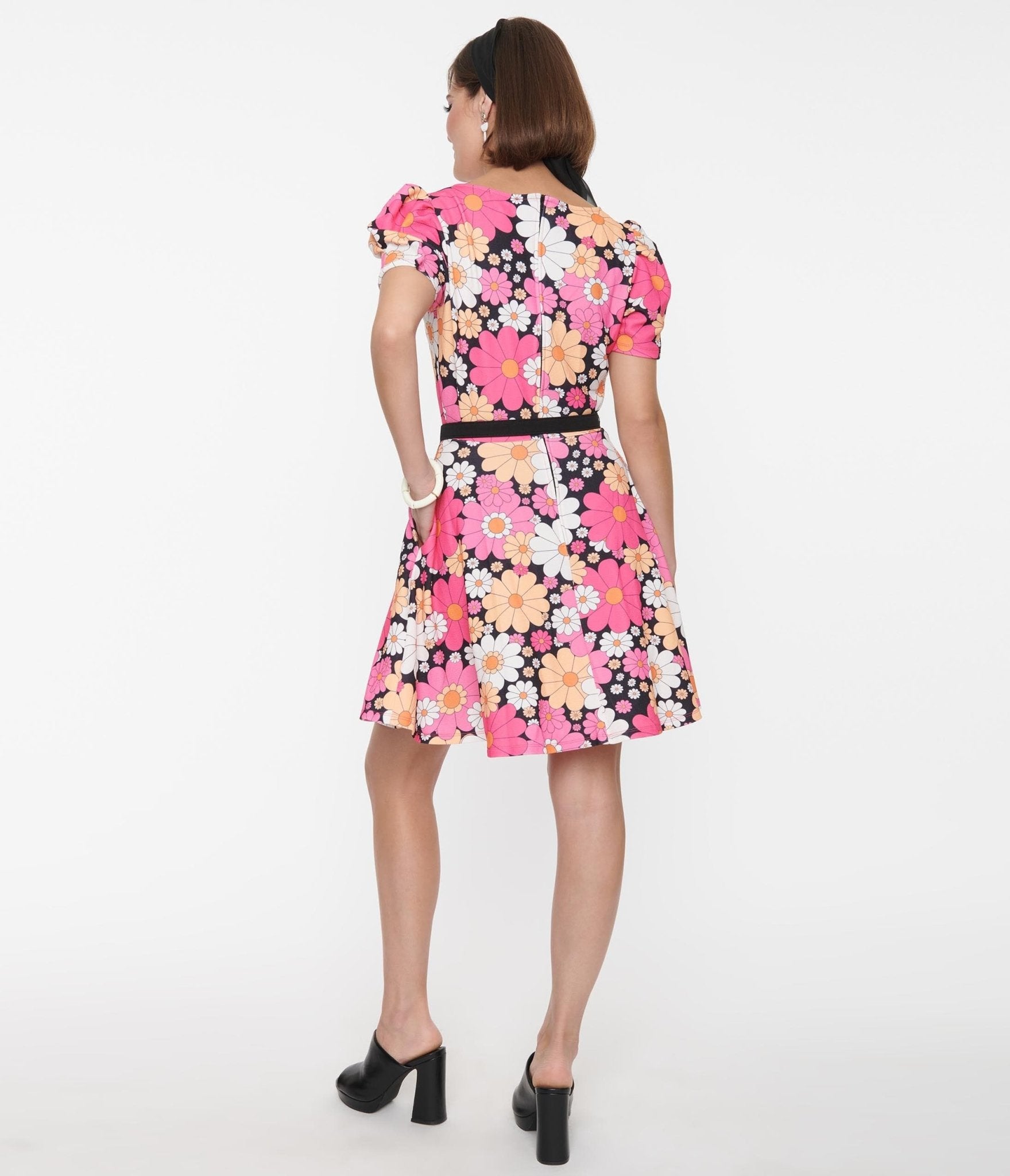 Smak Parlour Pink & White Floral Puff Sleeve Flare Dress - Unique Vintage - Womens, DRESSES, FIT AND FLARE